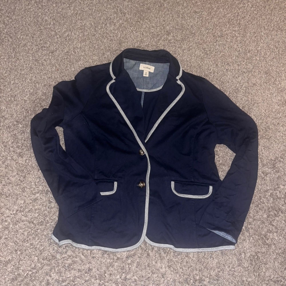 LL Bean Womens Navy Blue Cotton Knit Blazer Gray Piping Jacket Size Medium